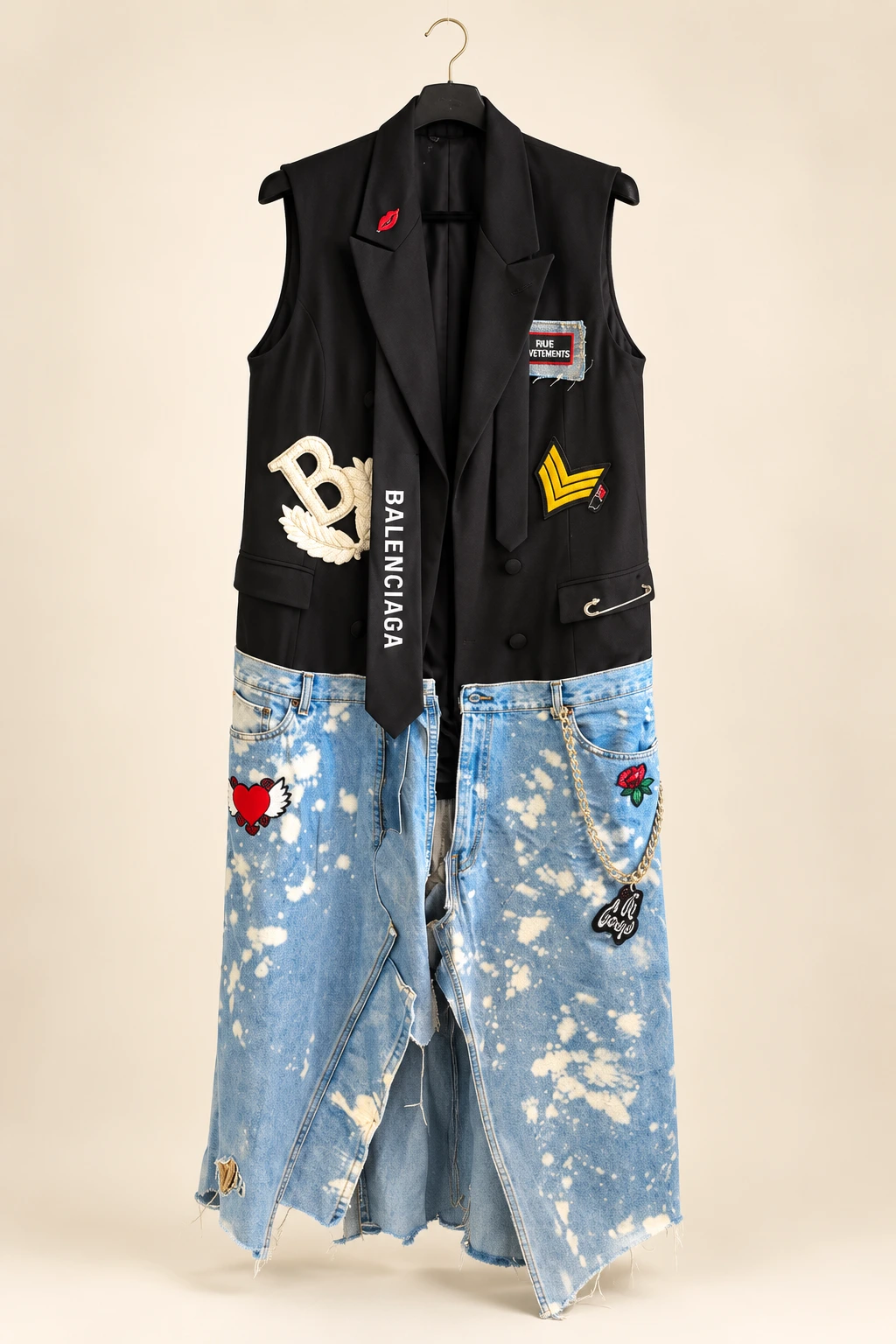 Black sleeveless blazer with long bleached denim panels and patches