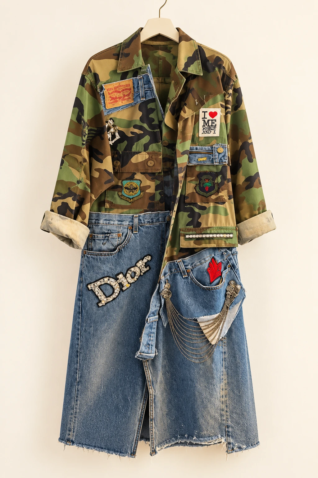 Camouflage blazer with asymmetric denim panels and chains
