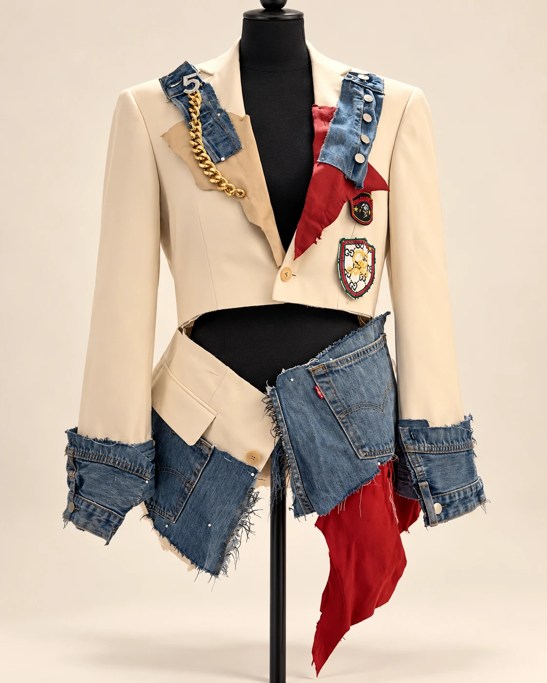 Cream tailoring reworked with denim patchwork and chain details