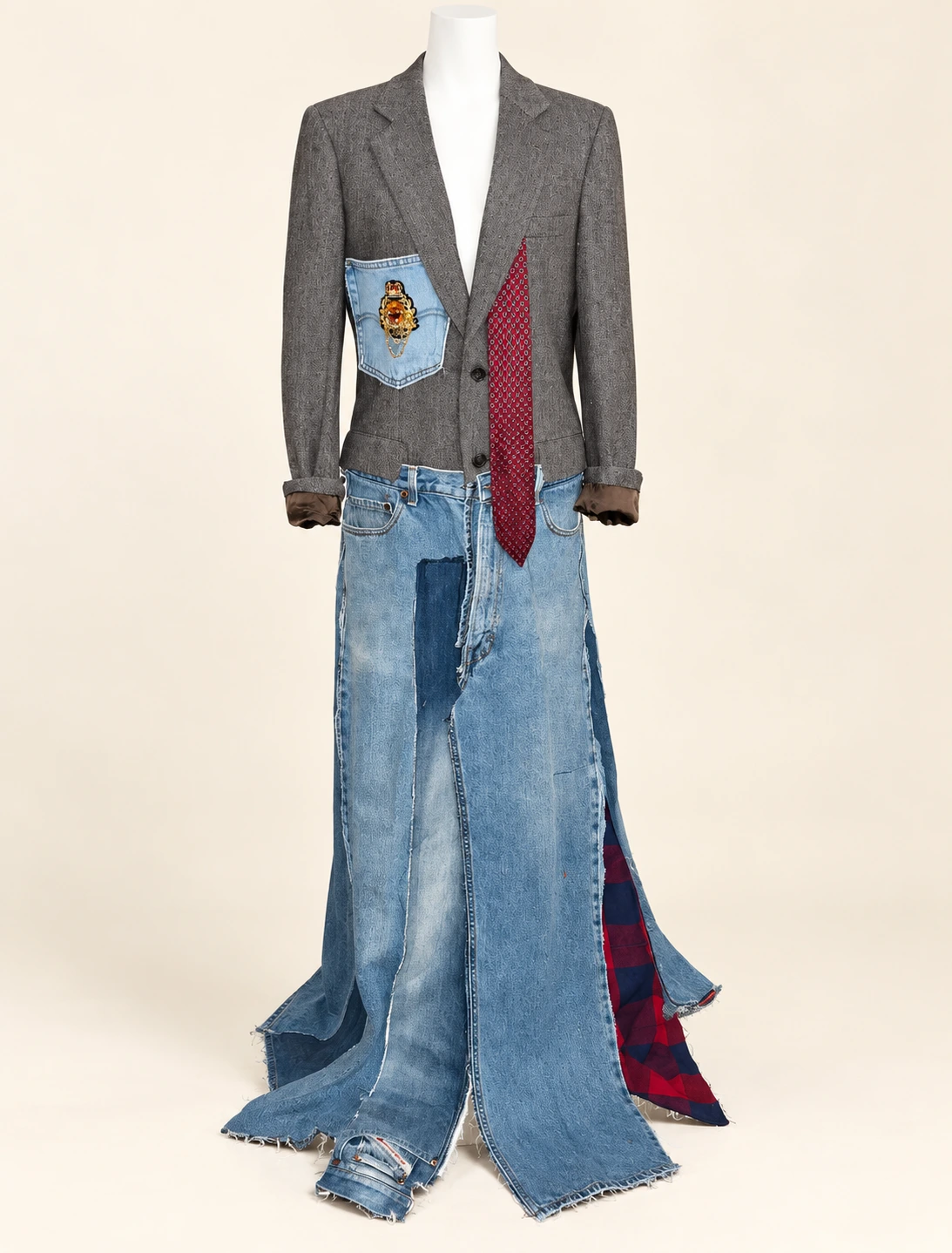 Gray blazer with long denim panels, a decorated denim pocket, and burgundy tie detail