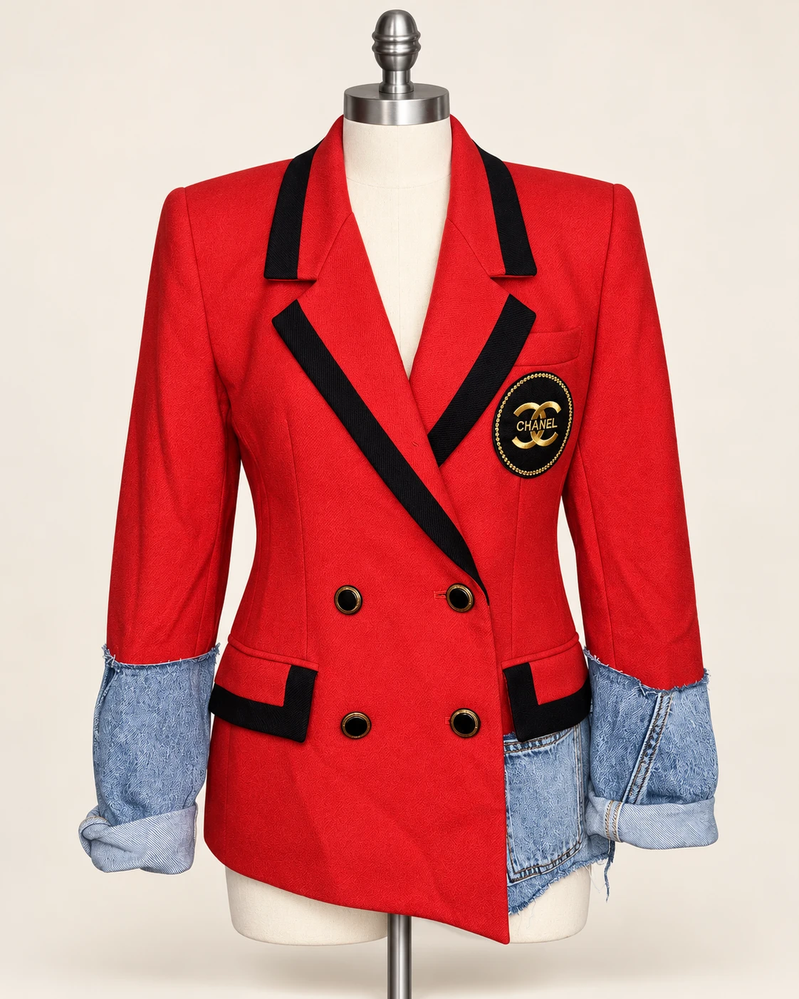 Red statement blazer with black lapel trim and asymmetric denim detailing